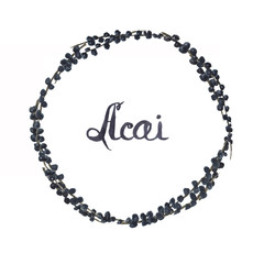 Watercolor round frame wreath of acai berries. 
