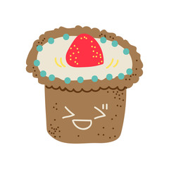 Happy Cute Delicious Muffin Cartoon Character, Adorable Kawaii Dessert with Cream and Strawberry Vector Illustration