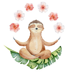 Watercolor yoga sloth in lotus position with flowers cute hand drawn illustration © EvgeniiasArt