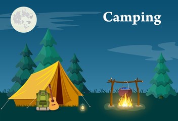 Camping and Mountain Camp. for Web Banners or Promotional Materials. Vector illustration in flat style