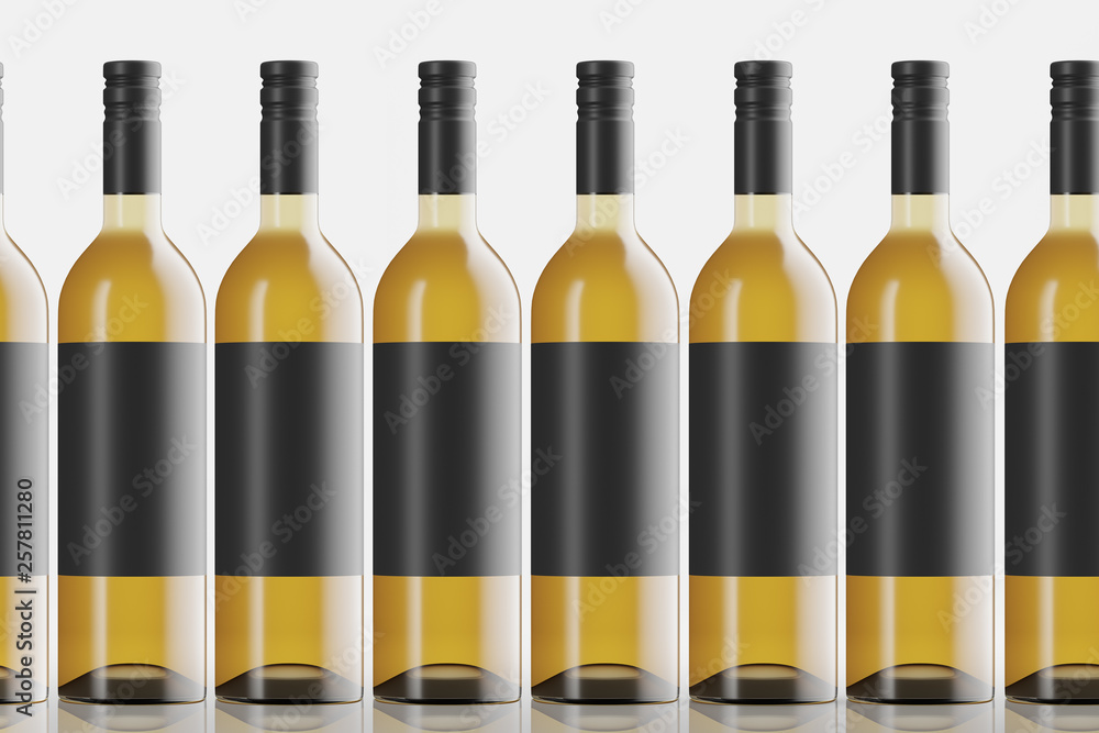 Aufkleber eight glass bottles for drinks standing in a row on a light background. mock up. 3d rendering
