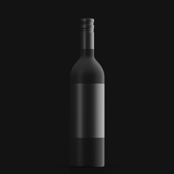 Black frosted glass bottle for alcoholic beverages on dark background. Mock up. 3d rendering