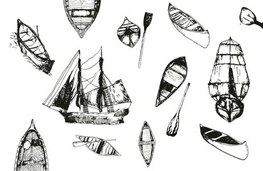 hand drawn monochrome collection of different ships, boats and canoes isolated on white.