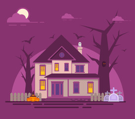 Halloween haunted house.Old cemetery gravestone.Spooks and pumpkin,bat flat vector.