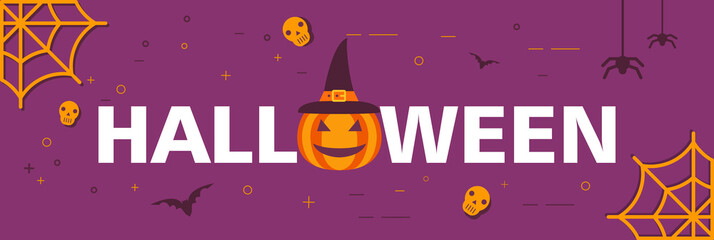 Happy Halloween .Horizontal banner flat vector.Bat character cartoon icon.Pumpkin head lamp jack smiling.Flat vector.