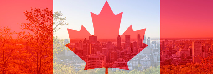 Canada Day flag with maple leaf on background of Montreal city. Red canadian symbol over buildings...