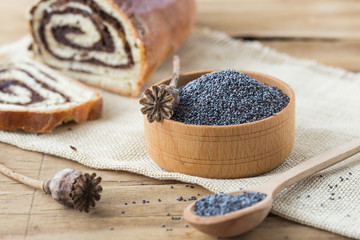 Dried poppy heads and seeds. Blue poppy in bowl