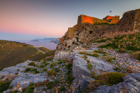 Castle on Leros island in Greece at sunset. 
