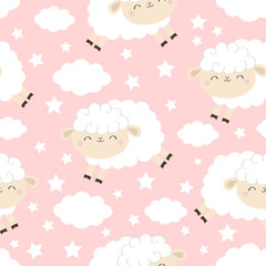 Seamless Pattern. Jumping sheep. Cloud star in the sky. Cute cartoon kawaii funny smiling sleeping baby character. Wrapping paper, textile print. Nursery decoration. Pink background Flat design