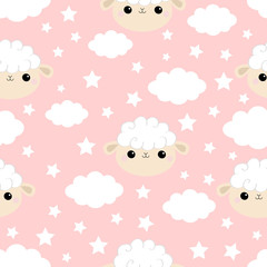 Seamless Pattern. Cloud star in the sky. Sheep face head icon. Cute cartoon kawaii funny smiling baby character. Wrapping paper, textile print. Nursery decoration. Pink background. Flat design.