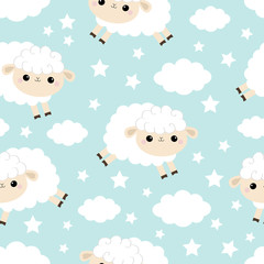 Seamless Pattern. Cloud star in the sky. Jumping sheep. Cute cartoon kawaii funny smiling baby character. Wrapping paper, textile print. Nursery decoration. Blue background. Flat design.