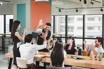 Business People Teamwork are Meeting Conference and Congratulations to Successful of Their Project. Group of Employees Colleagues Congrated to Partnership After Dealing Complete, Business and Creative