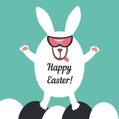 Easter Bunny with the inscription "Happy Easter!" Greeting card. Cool funny Bunny. The hare in the shape of an egg.