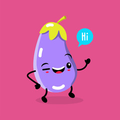 Kawaii Food. Vector Cartoon Eggplant. Happy Funny Asian Character for Children’s Restaurant Menu, Fast Food Banner, Cafe Promotion, Educational Flash Cards for Kids. Cute Chinese Hand Drawn Face.