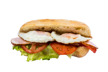 isolated sandwich fried egg, bacon, fresh vegetables view from above