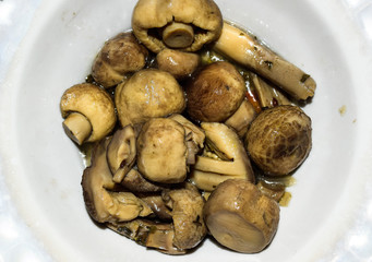 Boiled champignon mushrooms in white plate