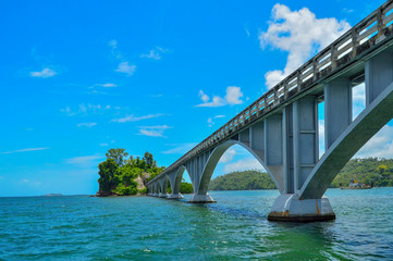 	the pedestrian bridge in the Saman Gulf Dominican Republic, connects the coast with two tiny islets of Cayo Linares and Cayo-Vihia