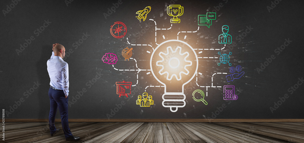 Poster businessman in front of a bulb lamp idea concept with start up icon connected 3d rendering