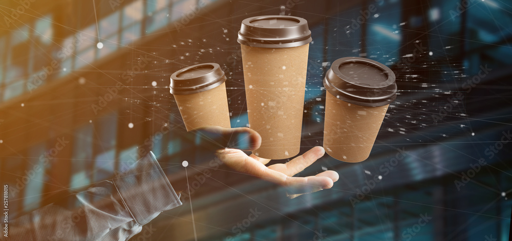 Poster group of cardbox coffee cup with connection 3d rendering