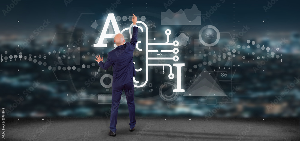 Poster businessman in front of a wall with artificial intelligence icon with half brain and half circuit 3d