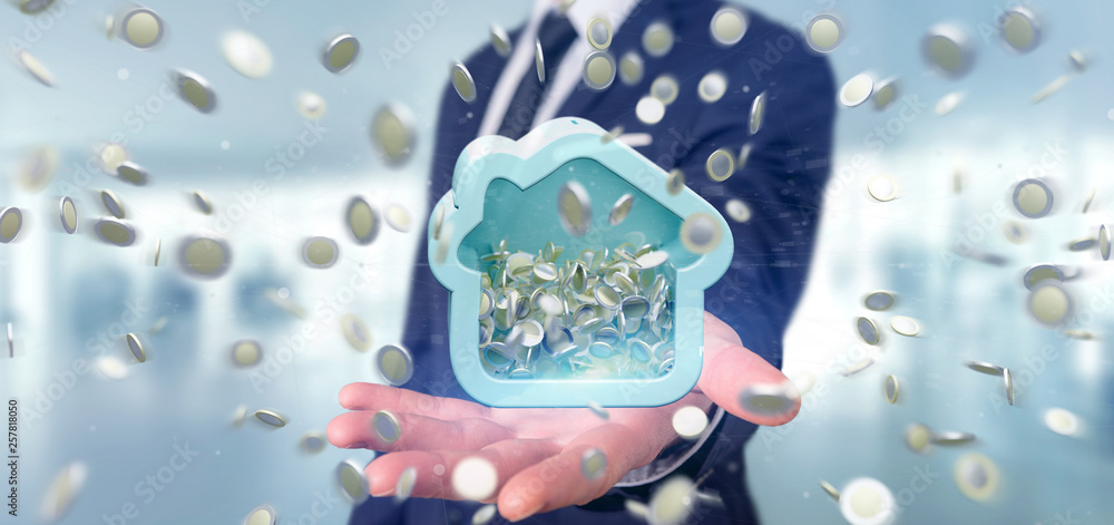 Poster man holding a house moneybox with coin surrounding all over 3d rendering