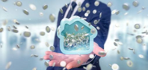 Man holding a House moneybox with coin surrounding all over 3d rendering