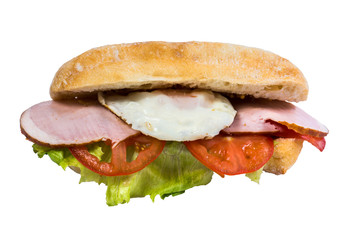 isolated sandwich fried egg, ham fresh vegetables view from above