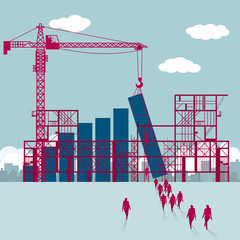 Building site, teamwork concept. A group of businessmen walked towards the chart being built.