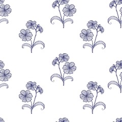 Hand drawn garden flover, blueprint line art. Vector seamless pattern, monochromanic, blue and white. 