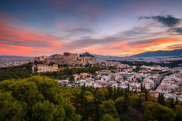 View of Acropolis from Filopappou hill at sunrise, Greece. 