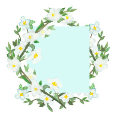 Obraz premium Watercolor hand painted apple fruit blooming branches with white flowers and green leaves with the blue background place for text, Frame for invitations and greeting cards