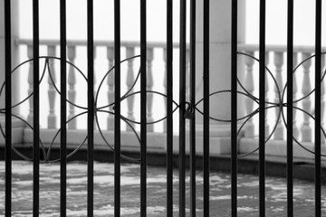 Image of a Beautiful decorative cast iron wrought fence with artistic forging. Metal guardrail...