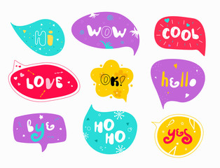 Words in speech bubbles. Stylized slogan. Motivation quotes and phrases collection. Perfect for the design of mugs, gifts, textiles, cards, banners, posters and more