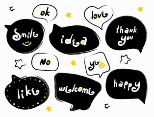 Creative black speech bubbles set. Stylized slogan. Motivation quotes and phrases collection. Perfect for the design of mugs, gifts, textiles, cards, banners, posters and more