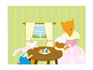 Easter, fox and rabbits illustration