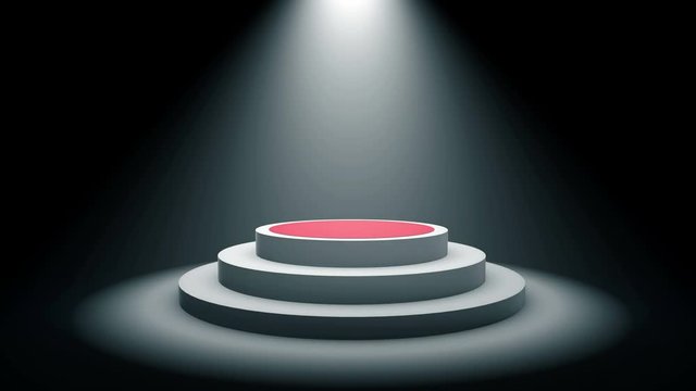 Empty round podium, pedestal or platform with red carpet illuminated by volume spotlights. Set of bright searchlights on black background. Digital 3d animation.