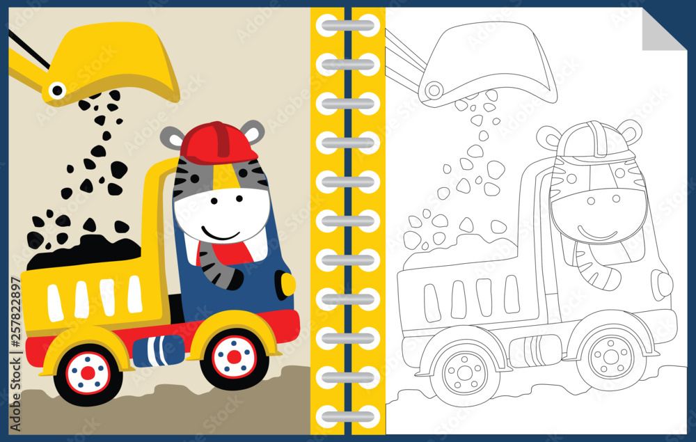 Sticker work zone with funny worker cartoon, coloring book or page