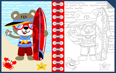 surfing time with funny animals cartoon, coloring book or page