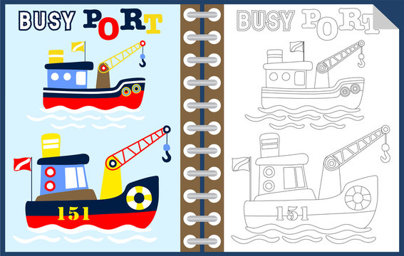 Boat cartoon with crane, coloring book or page