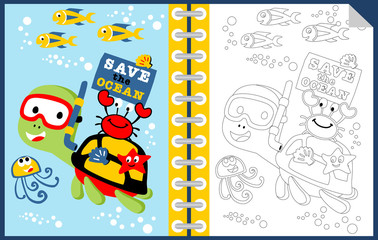 marine life vector cartoon, coloring book or page