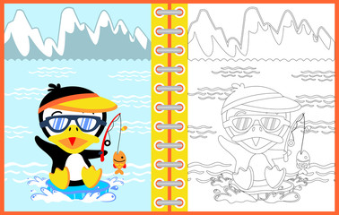 cartoon of penguin fishing time, coloring page or book