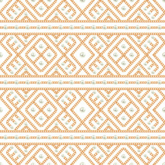 Seamless pattern of Gold chain geometrical ornament and pearls on white background. Vector illustration