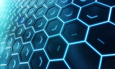 Glowing black and blue hexagons background pattern on silver metal surface 3D rendering