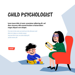 Psychology. Child psychologist. Woman Psychologist tests the child. Preparation for school. Doodle style flat vector illustration