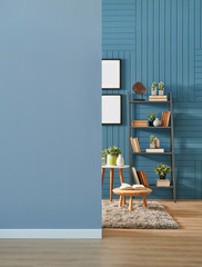 Grey and blue wall, home room, interior decor, grey bookshelf frame and coffee table.