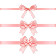 Set of decorative pink bows with horizontal ribbons isolated on white background. Vector decor. 