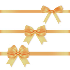 Set of decorative golden bows with horizontal ribbons isolated on white background. Vector decor. 