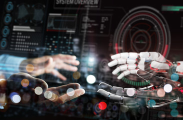 Red robot hacking a system with digital screens 3D rendering