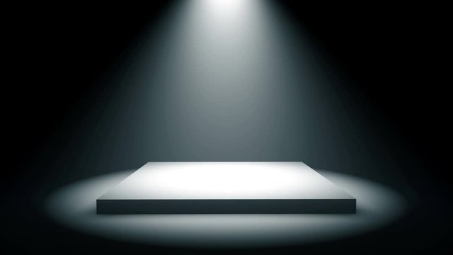 Empty square podium, pedestal or platform illuminated by volume spotlights. Set of bright searchlights on black background. Digital 3d animation.