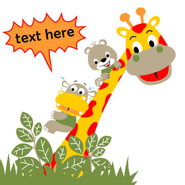 giraffe and little friends, vector cartoon
